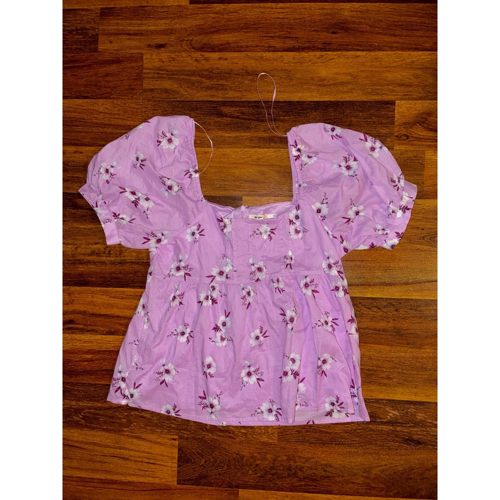 Mi Ami Women Lavender Floral Puff Sleeve Babydoll Top Square Neck Purple Medium